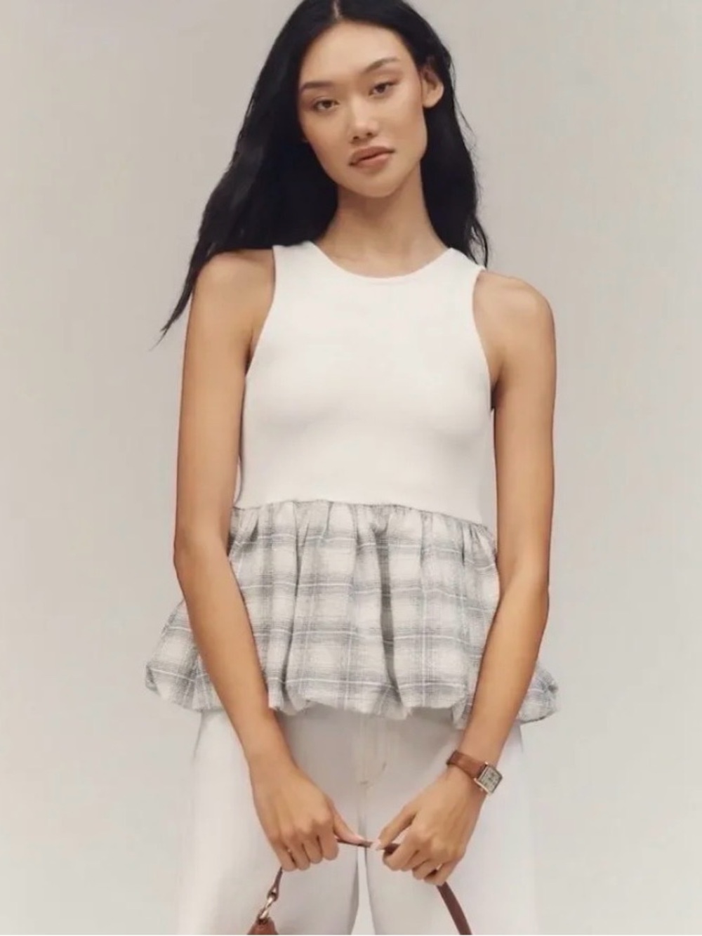 Maeve White Tank Peplum Top with Gray Plaid Ruffle
